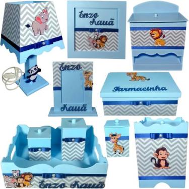 Imagem de Kit Higiene bebê Mdf 10pçs + nomes SAFARI AZUL BB CHEVRON CINZA - Flor