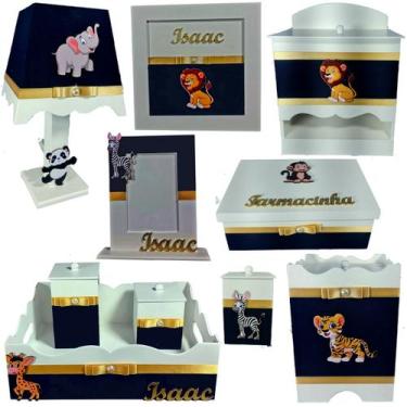Imagem de Kit Higiene bebê Mdf 10 peças - SAFARI AZUL MARINHO - Flores para Mari