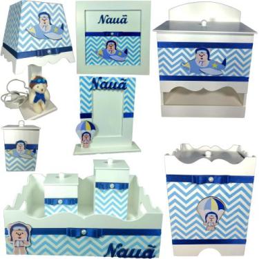 Imagem de Kit Higiene bebê Mdf 10 peças - URSO AVIADOR CHEVRON AZUL BB - Flores 
