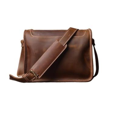 Imagem de Bolsa de ombro masculina vintage, bolsa crossbody de couro genuíno para homens, bolsa mensageiro de 12,9 polegadas, bolsa para laptop(Brown)