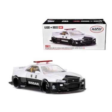 Imagem de Skyline GT-R (R34) Kaido Works (V2 Aero) RHD (Right Hand Drive) Black and White Japan Police (Designed by Jun Imai) Kaido House Special 1/64 Diecast Model Car by Mini GT KHMG120