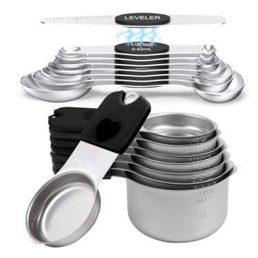 Imagem de Conjunto de copos e colheres de medição magnética, ímãs N45 fortes, aço inoxidável resistente, cabe em potes de especiarias para assar e cozinhar, sem BPA, conjunto redondo de 15 com nivelador, preto