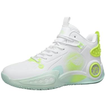 Imagem de Jefuzh Tênis de basquete feminino, moderno, com cadarço, suporte de arco, respirável, antiderrapante, confortável, cano alto, corrida, caminhada, tênis, Branco-verde, 35 BR