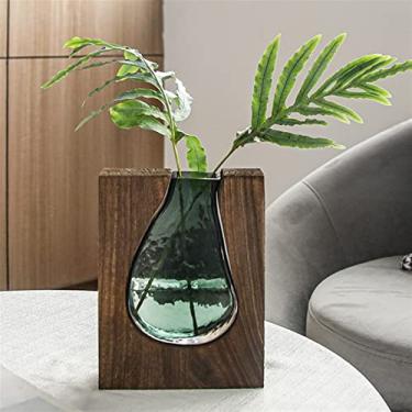 Imagem de Vaso Vaso de vidro de madeira embutido vasos de flores hidropônicos decoração de mesa flor artificial arranjo floral decorativo luz verde vasos Vaso de flores(Grande)