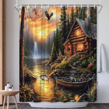 Imagem de EUBTPA Cortina de chuveiro de cabana de fazenda rústica cabana peixe lago pesca RV cortina de chuveiro, engraçado acampamento de caça floresta cachoeira natureza arte pescador decoração de banho