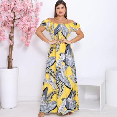 Imagem de Vestido Feminino Longo Ombro a Ombro Manga Curta Estampado Floral Silh