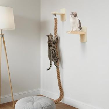 Imagem de Weysat Árvore de gato com corda de escalada montada na parede, torre para gatos com poste arranhador, escada de corda para gatinho, brinquedo de escalada com plataforma de salto, degraus de parede
