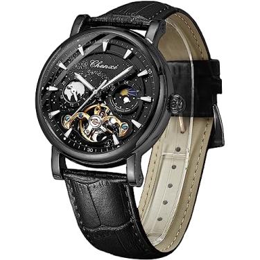 Imagem de FORSINING Relógio masculino luminoso céu estrelado com turbilhão da fase da lua, relógios modernos automáticos mecânicos, relógio de pulso com cinto de couro com caixa de aço inoxidável, Preto e