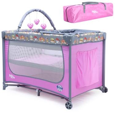 Imagem de Berço de Bebê Portátil Infantil com Mosquiteiro Patrulha Canina Barra de Brinquedos Trocador e Bolsa Transporte Seguro, Confortável e Compacto INMETRO (Rosa)