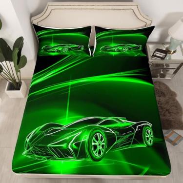 Imagem de Feelyou Jogo de lençol solteiro de carro de corrida esportivo verde para crianças, meninos e adolescentes, carro de corrida de luxo, luz verde, 2 peças, 1 lençol com elástico + 1 fronha (sem lençol de