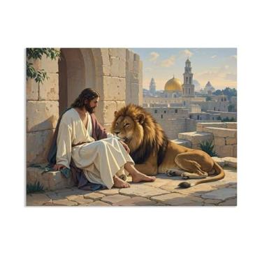 Imagem de Arte de parede em tela Jesus e Cordeiro, Catedral de Judá e Leão, Cristão Jesus Rei Leão Impressão Pôster Pintura Religiosa Arte Igreja Decoração de Parede Imagens 65 x 50 cm (66 x 48 cm) Sem Moldura
