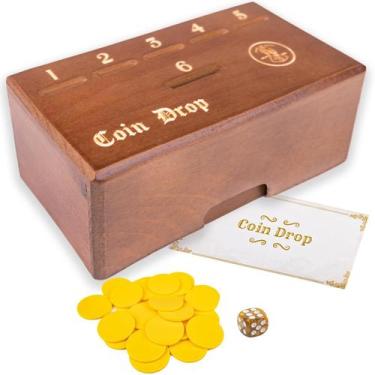 Imagem de Caixa de madeira do jogo Coin Drop Game com 50 moedas, 1 dado para 2-6