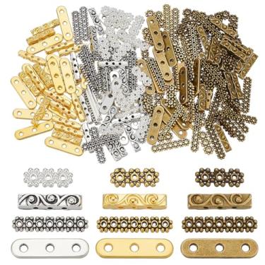 Imagem de WADORN 180 peças, 4 estilos, 3 furos, 7 furos, barras espaçadoras retangulares antigas, contas espaçadoras tibetanas, separadores de vários fios, conectores de elos de barra para colar, pulseira