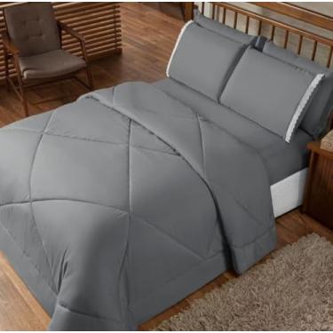 Imagem de Kit Edredom Casal Queen Jogo de Lençol 06 peças Aconchego Dupla Face (Cinza)