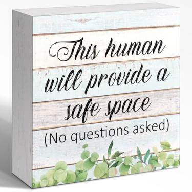 Imagem de WUZYOU Decoração de parede de caixa de madeira para berçário?This Human Will Provide A Safe Space Wall Wood Block Sign Decorate? Decoração de mesa para jardim de infância, escola primária, casa