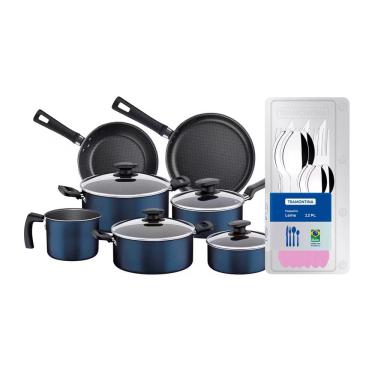 Imagem de Conjunto de Panelas 7 Peças Tramontina Bergamo Antiaderente e Tampas de Vidro - Azul + Faqueiro 12 Peças Leme com Lâminas em Aço Inox – Lavanda
