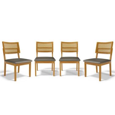 Imagem de Kit Com 4 Cadeiras Aline Madeira Maciça Assentos Estofados Encostos De Tela Palha Sextavada