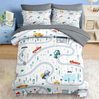 Imagem de Pamnest Jogo de cama solteiro com desenho animado de carro cidade, 5 peças, para crianças e adultos, lençol com elástico, fronha e lençol com elástico para decoração de quarto