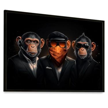 Imagem de Quadro Decorativo Macacos Estilosos Vidro 63x43 cm Moldura Preta Exclusivo Art Parede