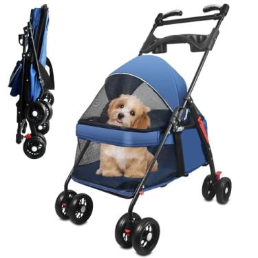 Imagem de OMDOCA Carrinho de bebê para cães médios de 9 kg, carrinhos dobráveis para cães pequenos. Com cesta de armazenamento e suporte de copo. Corrimão pode girar, 4 rodas para gatos médios e pequenos