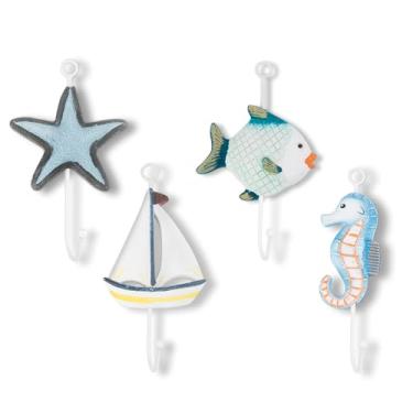 Imagem de Conjunto de 4 ganchos de parede temáticos de praia Kyien decorativos para marinheiro, veleiro, peixe, cavalo-marinho, roupas para toalha de casaco