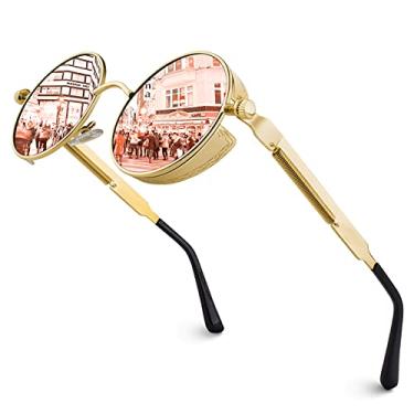 Imagem de GQUEEN Óculos de sol retrô redondo Steampunk liga de metal polarizado para mulheres homens MTS2, A Gold Frame/Pink Mirrored Lens, Medium