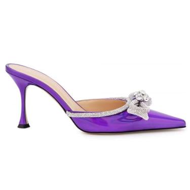 Imagem de MVIOBUY Sandália feminina com laço de strass e bico fino, moderno, com laço brilhante, fechada, costas nuas, saltos, sandálias de verão sem cadarço, Roxa, 37