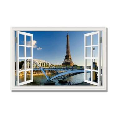 Imagem de Janela de arte de parede com impressão em tela. Vista de janela falsa. Impressão de imagem natural em tela. Arte de cenário para decoração de sala de estar. (Vista da Torre Eiffel de Paris 01). 60 x