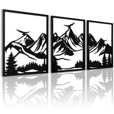 Imagem de Arte de parede de montanha de madeira 3D, arte de parede natural de madeira emoldurada, decoração de parede de floresta abstrata para sala de estar quarto sala de jantar (pronto para pendurar, 30,5 x