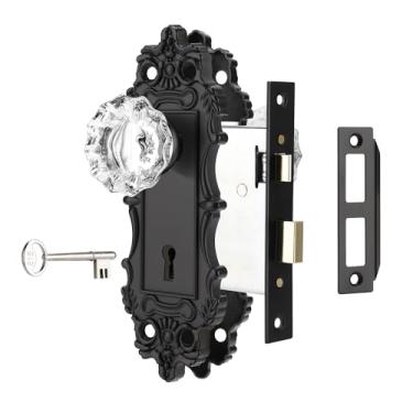 Imagem de ToPToToo Conjunto de fechadura de encaixe para porta interna, maçanetas pretas antigas com fechadura e chave de esqueleto, substituição de fechadura de maçaneta vintage para portas internas,