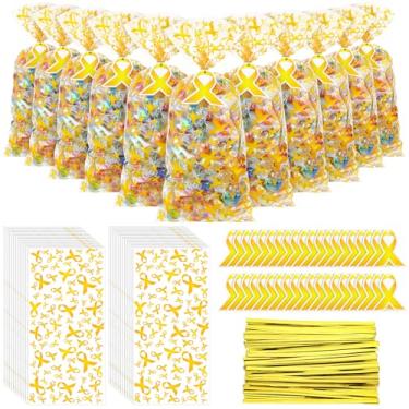 Imagem de Gueevin Conjunto de 150 sacos de presente de celofane para conscientização da saúde mental, sacos de plástico para guloseimas com laços torcidos, cartões de presente, lembrancinhas de festa (amarelo)