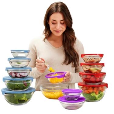 Imagem de Conjunto de 5 Potes de Vidro com Tampa Hermética, Organizadores de Cozinha, Tigelas para Alimentos, Cores Sortidas