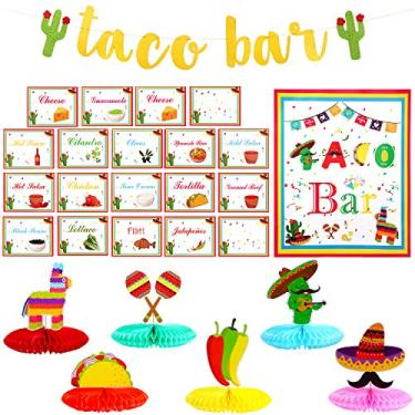 Imagem de Conjunto de 28 peças de decorações de barra de taco, banner de bar de taco, placa de festa, 20 peças coloridas, cartões de barraca de mesa, 6 peças de decoração de mesa de colmeia Fiesta para festa temática mexicana Cinco De Mayo