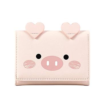 Imagem de Carteira feminina para meninas com estampa de porco, carteira de couro sintético com três dobras fina e pequena carteira com porta-cartões, Carteira com três dobras, rosa