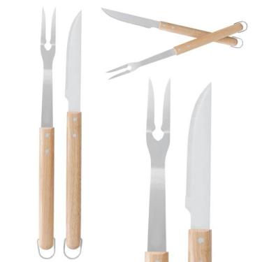 Imagem de Kit Churrasco Garfo e Faca Cabo Madeira Longo Inox Alta Qualidade Gril