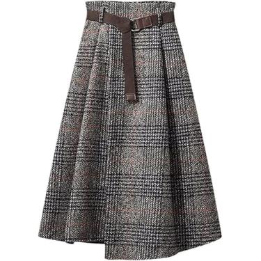 Imagem de Saia Midi Xadrez Retrô Feminina Outono Inverno Cintura Alta A-line Roupas De Escritório, Gray, L