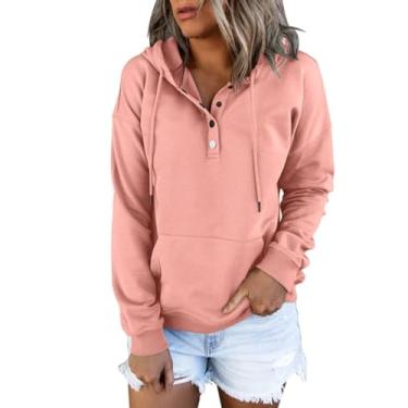 Imagem de Moletom Feminino Casual Com Capuz Com Gola De Botão Com Capuz Para Camisola De Manga Comprida, Pink, M