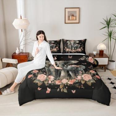Imagem de Manfei Conjunto de edredom infantil de elefante, animais selvagens, plumas, decoração de quarto de adultos, rosa rosa, microfibra ultramacia, enchimento interno, 3 peças, tamanho Queen