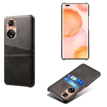 Imagem de Capas Compatível com Honor 50 Pro,Caso de couro PU-Tampa de telefone a prova de choque com 2 slots de cartão,Proteção anti-impressão digital e anti-gota-Black