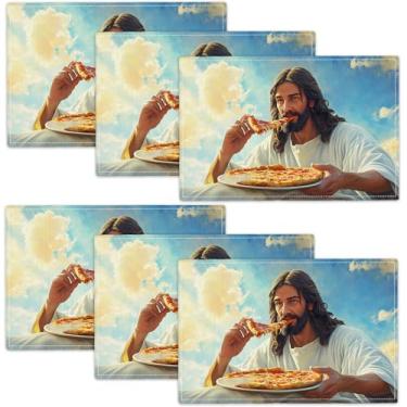 Imagem de Jesus Pizza Jogo americano conjunto de 6 tapetes de mesa decoração imitação linho resistente ao calor toalha de mesa para decoração de jantar, cozinha, festa, restaurantes 30,5 x 45,7 cm