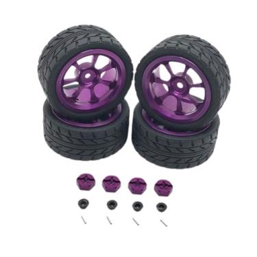 Imagem de simhoa Kit de pneus RC Wheels, pneus de borracha RC, conjunto de aros de roda, substituição de adaptador sextavado de 12 mm, porca de roda M3 para 144001, Roxo