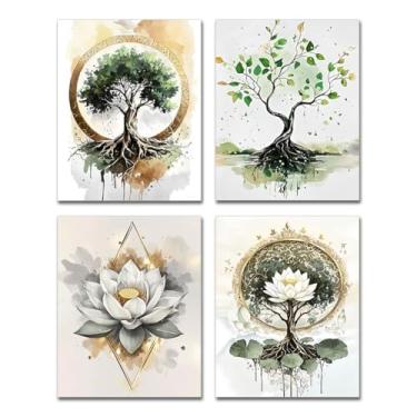 Imagem de AIOCDIT Pôsteres de arte de parede Tree of Life com estampa de flor de lótus, sala de estar, banheiro, zen, decoração de parede, quarto, estética abstrata, conjunto de 4 (20 x 25 cm, sem moldura)