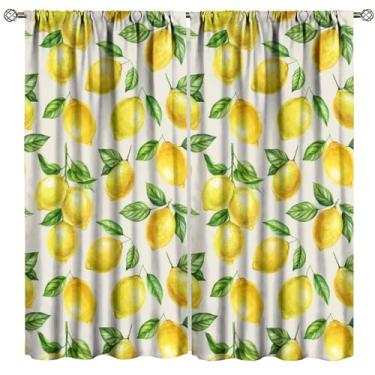 Imagem de Cortinas amarelas de frutas limão, primavera campo fazenda natureza rústica estampa de folhas de frutas para decoração de janela de quarto, varão, cortinas blackout para sala de estar, quarto, cozinha