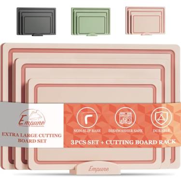 Imagem de Empune Conjunto de tábuas de corte de plástico, tábuas de corte de plástico reciclado para cozinha (conjunto de 3), tábua de cortar grande com suporte, pés antiderrapantes e sulcos de suco, não poroso