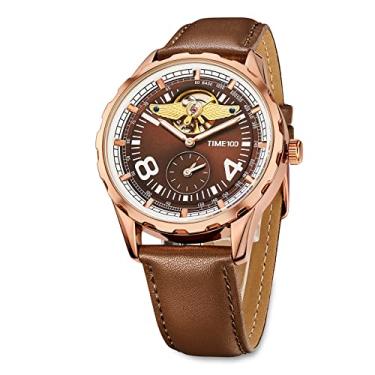 Imagem de TIME100 Relógio mecânico multifuncional, automático, movimento mecânico, à prova d'água, série piloto, relógio com volante de negócios, Marrom, Mecânico, automático, relógio esqueleto