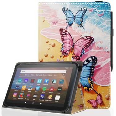 Imagem de Pudiceva Capa universal para tablet Android 10 de 10,1 polegadas, capa fina e dobrável para tablet com tela sensível ao toque de 22,9 a 10,7 cm com suporte para caneta Stylus, borboletas de praia