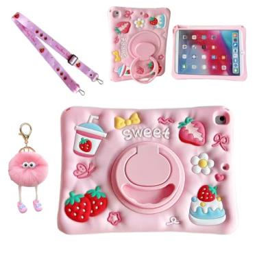 Imagem de Lubiogio Capa 3D fofa de suco de bolo de morango para iPad 9/8/7 10,2 polegadas, desenho kawaii, deliciosas, sobremesas, capa giratória de silicone macio com cordão para crianças, adolescentes
