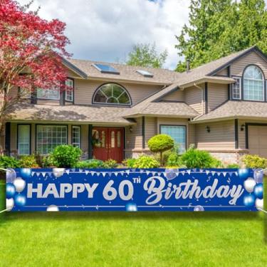 Imagem de Banner de quintal de feliz aniversário de 60 anos de prata azul de 2,8 x 4 m, faixa grande de aniversário para crianças, homens e mulheres.