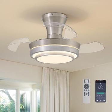 Imagem de APBEAMLighting Ventilador de teto retrátil pequeno de LED com luz e controle remoto 71 cm lustre moderno de níquel escovado de perfil baixo para quarto, sala de estar, regulável, ventilador de teto