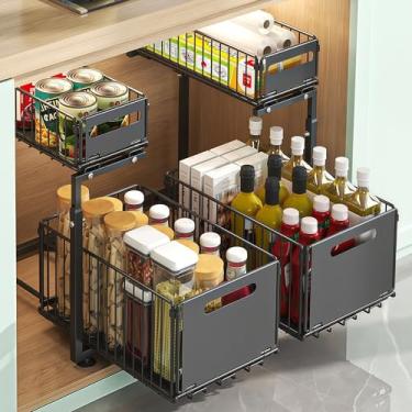 Imagem de Organizador embaixo da pia, altura ajustável, organizador de 2 camadas embaixo do armário, armazenamento deslizante de metal espesso embaixo da pia para cozinha, banheiro, lavanderia, despensa, preto